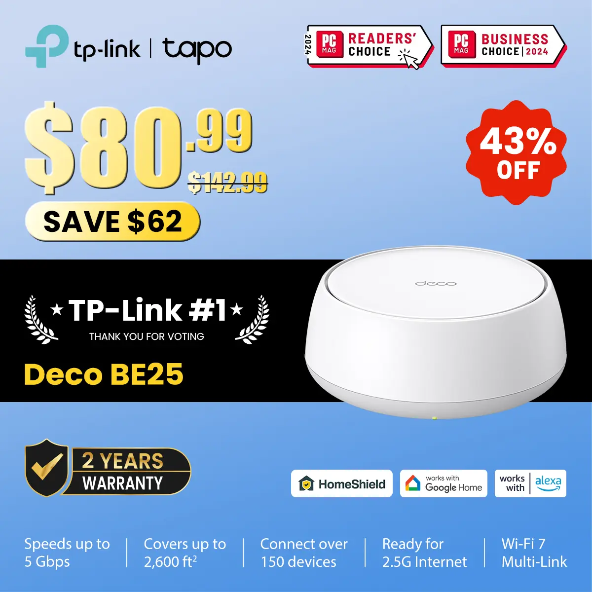 TP-Link Deco BE25 (1-Pack) Deco 7 BE5000 Dual-Band Wi-Fi 7 Mesh System | 4-Stream, 240 Mhz Channels | Covers up to 2,600 Sq.Ft | 2X 2.5G Ports Wired Backhaul | VPN, MLO, HomeShield, Free Expert Help