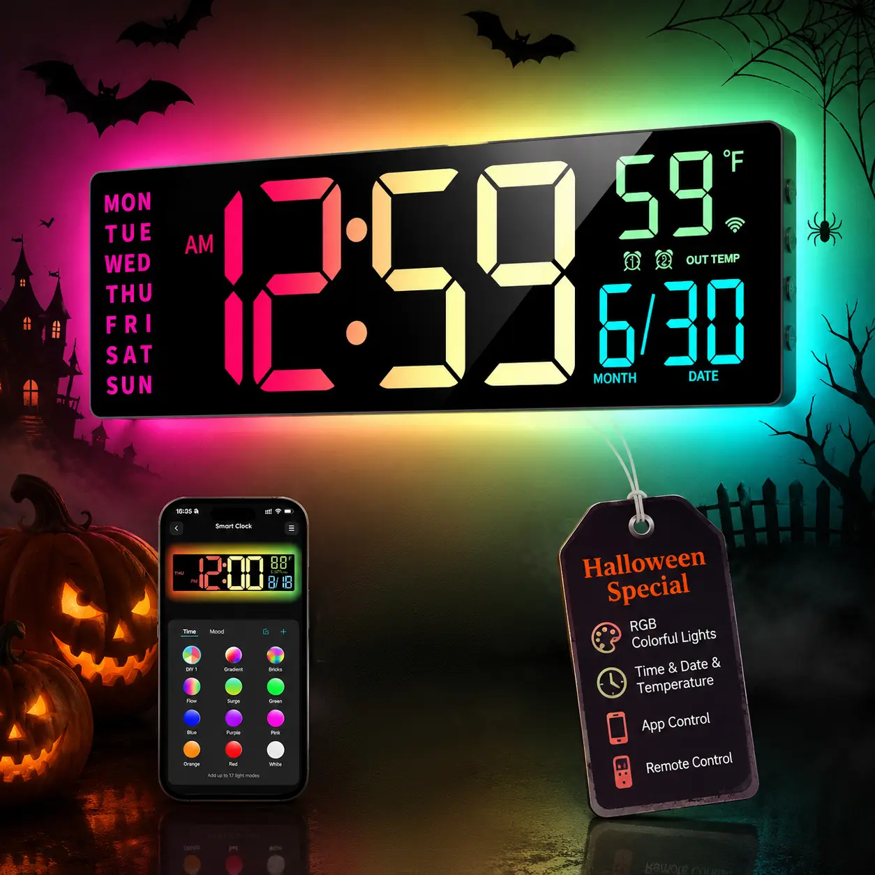 EASYERA 16.5" Smart Digital Wall Clock with App & Alexa via WiFi, Large RGBIC Wall Clock with Multiple DIY Color and Music Sync, LED Display, Auto DST, Plug-in Clocks for Classroom Home Gaming, Kitchen Craft Room, Halloween Gift, Fall Decor