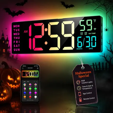 EASYERA 16.5" Smart Digital Wall Clock with App & Alexa via WiFi, Large RGBIC Wall Clock with Multiple DIY Color and Music Sync, LED Display, Auto DST, Plug-in Clocks for Classroom Home Gaming, Kitchen Craft Room, Halloween Gift, Fall Decor