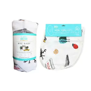 Gift Set: New York City Baby Muslin Swaddle Blanket and Burp Cloth/Bib Combo Extra Large Bamboo Cotton