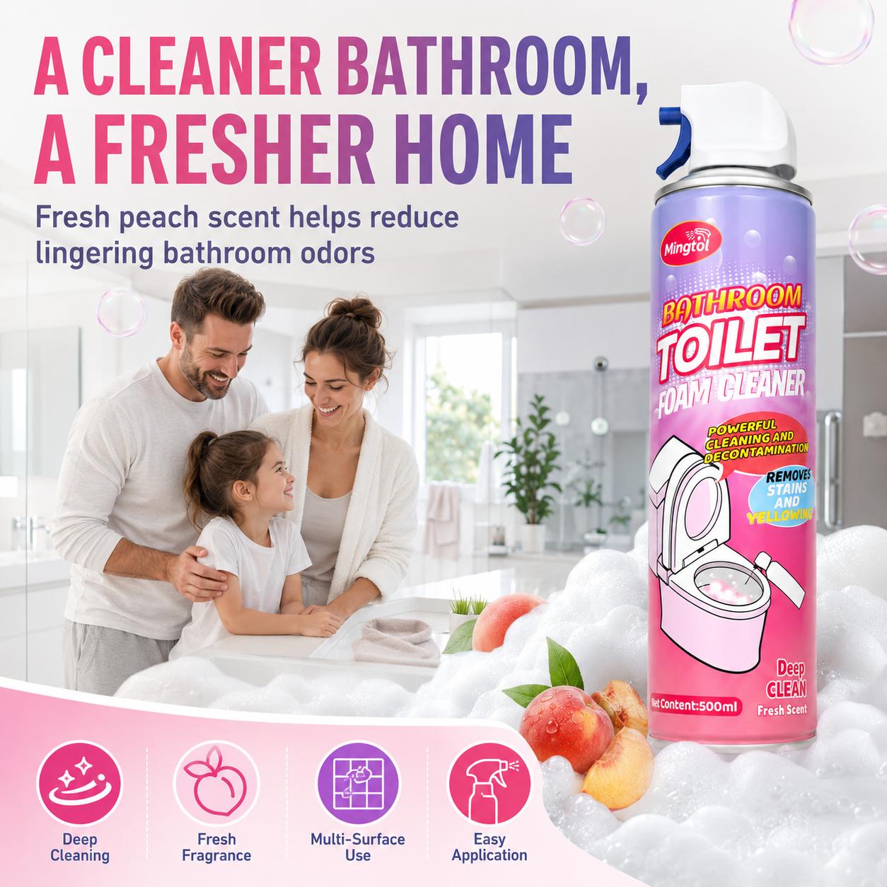 Mingtol Toilet Cleaning Foam Cleaner – Expands to Clean Hard‑to‑Reach Areas, Powerful Stain & Yellowing Remover, Lifts Odors with Fresh White Peach Scent, 500ml Bathroom Household Cleaning Supplies Mingtol Toilet Cleaning Foam Cleaner – Expands to Clean Hard‑to‑Reach Areas, Powerful Stain & Yellowing Remover, Lifts Odors with Fresh White Peach Scent, 500ml Bathroom Household Cleaning Supplies