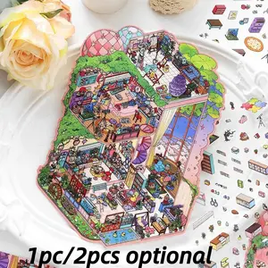 4 Sheets/bag Pet Material Stickers, Art Stickers, Villa and Studio Series, Hand Account Stationery Water Bottle Multi-Scene Decorations