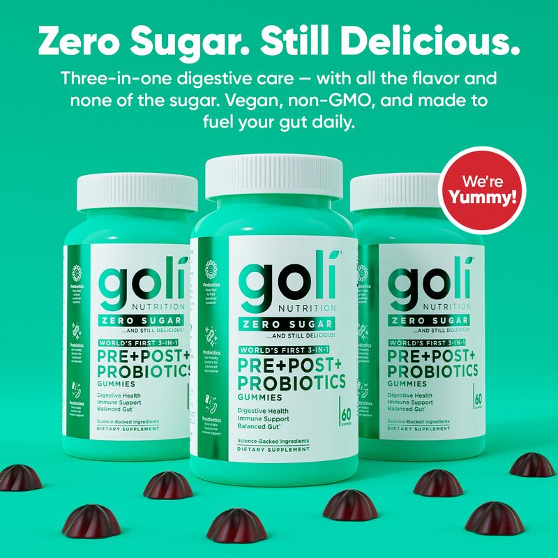Goli Zero Sugar World's First 3-in-1 Pre, Post, Probiotic Gummies - Gluten Free, Vegan, Non-GMO, & Gelatin-Free. Goli Zero Sugar World's First 3-in-1 Pre, Post, Probiotic Gummies - Gluten Free, Vegan, Non-GMO, & Gelatin-Free.