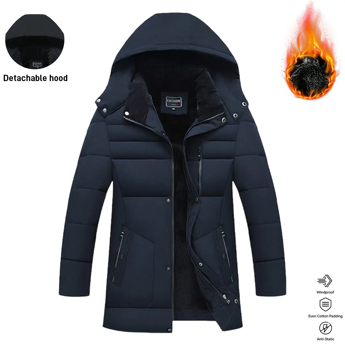 Men's Winter Hooded Jacket - Thickened Windproof Warm Filled Coat, Polyester Filling, Casual Regular Fit, Zipper Front Closure, Long Sleeve, Solid Color, Suitable for Autumn and Winter, Men's Winter Jacket, Men's Winter Coat, Men's Winter