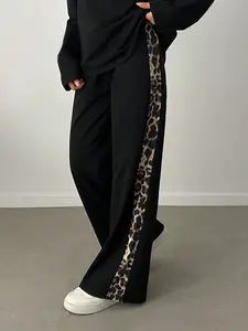Women's Plus Size Loose Fit Wide Leg Pants, Side Leopard Print Design, Casual Fashion Daily Wear, Trendy Streetwear Style