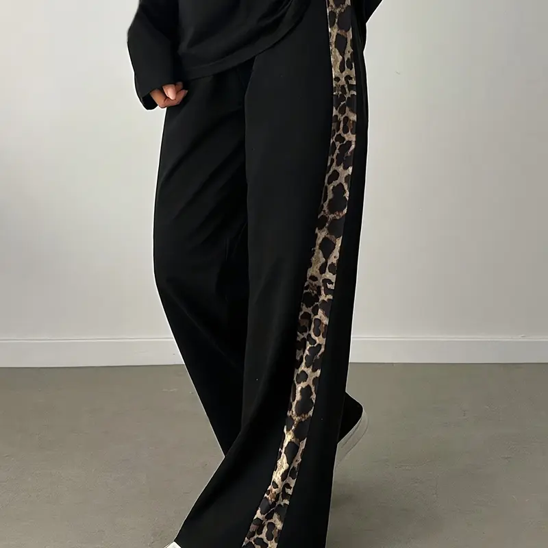Women's Plus Size Loose Fit Wide Leg Pants, Side Leopard Print Design, Casual Fashion Daily Wear Everyday, Trendy Streetwear Style Bottom