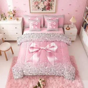 Cute Ribbon Bowknot Comforter Bed Set,7 Piece Bed Bag,Grey Glitter Diamond Bowknot Bedding Set,Princess Bow Comforter,and Sheet Set,Watercolor Bow Bed Set