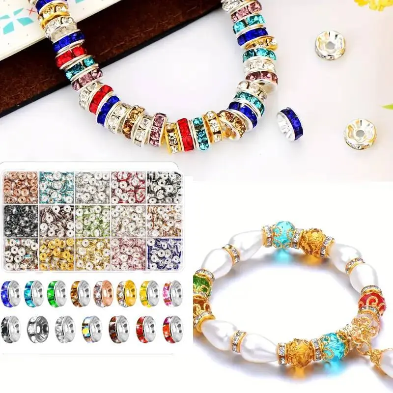 900 Pieces Rondelle Spacer Beads for Jewelry Making, 8mm Rhinestone Spacer Beads Crystal Bead Spacers for Bracelets, Focal Beads for Pen