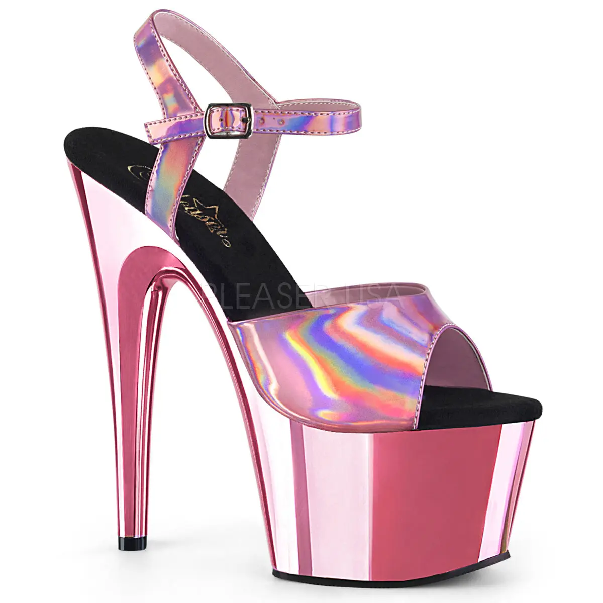 Women's Holographic Platform Sandals, Baby Pink Ankle Strap Shoes with a 7-in Heel and 2 3/4-in Chrome Plated Platform, Footwear, Heeled, Platform Shoes