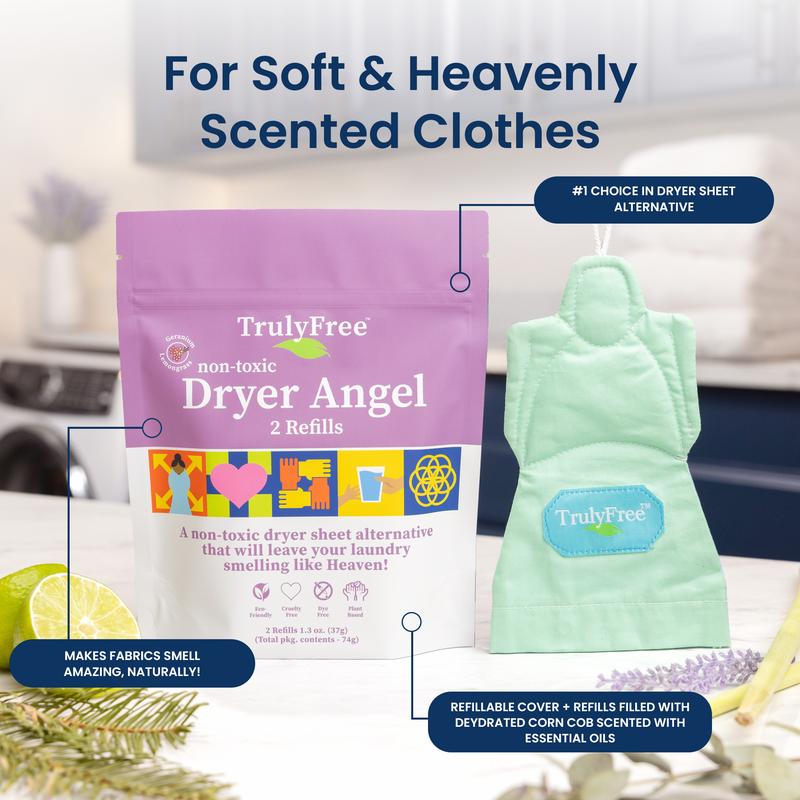 Truly Free Dryer Angel - Natural Dryer Sheet Alternative, Non-Toxic Reusable Fabric Softener Sheets and Scent Booster, Safe for Babies and Sensitive Skin, Laundry Room Essentials - 2 Refills Included