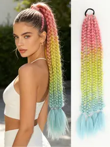 24-Inch Rainbow Braid Ponytail Extension Set, Long Straight Synthetic Hairpiece, Ideal for Cosplay, Festivals, and Styling