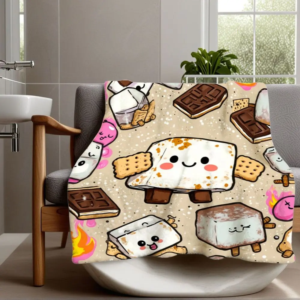 1pc Fleece Flannel Throw Blanket - Cartoonish Marshmallow S'Mores Design with Adorable Characters, Graham Crackers, Machine Washable, Ideal for Sofa, Bed, Cozy Campfire-Themed Gift