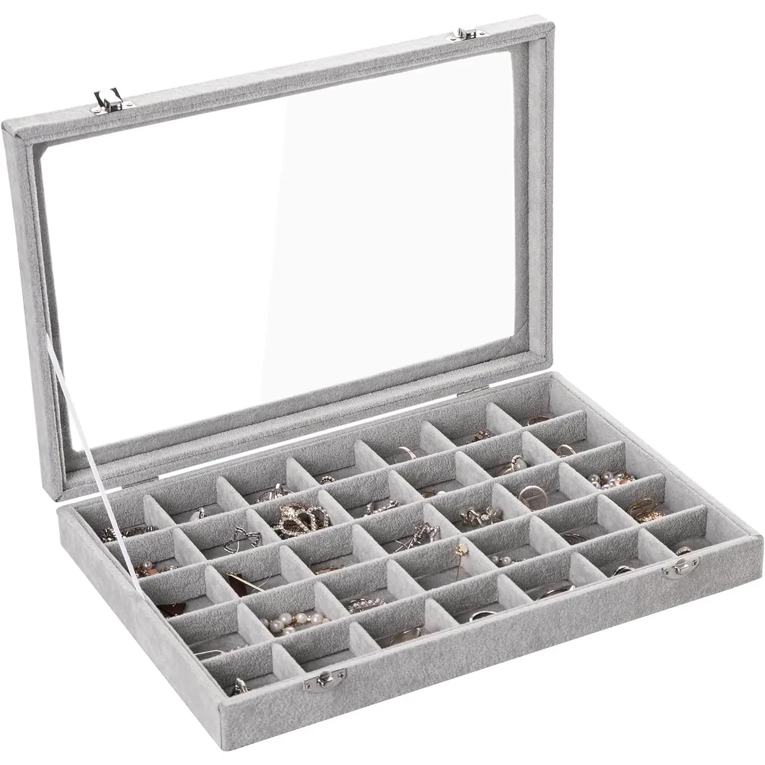 Tray,35 Grid  Organizer with Clear Lid,Earring Holder Organizer Case with Clasp,Drawer Insert for Rings Studs,13.8 x 9.5 x 2 Inches, for Women Girls(Grey)