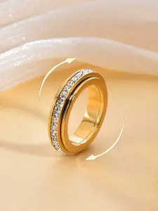 Stainless Steel Rotating Double Circle Ring – "Time Flies" Spinner Couple Ring with Square