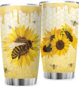 Bee Sunflower Honey Insulated Tumblers,Bee Coffee Mug,20oz Stainless Steel Insulated Tumbler with Lid,Coffee Cup for Home Office Outdoor Works,Birthday Thanksgiving Christmas Holiday New Year Gifts