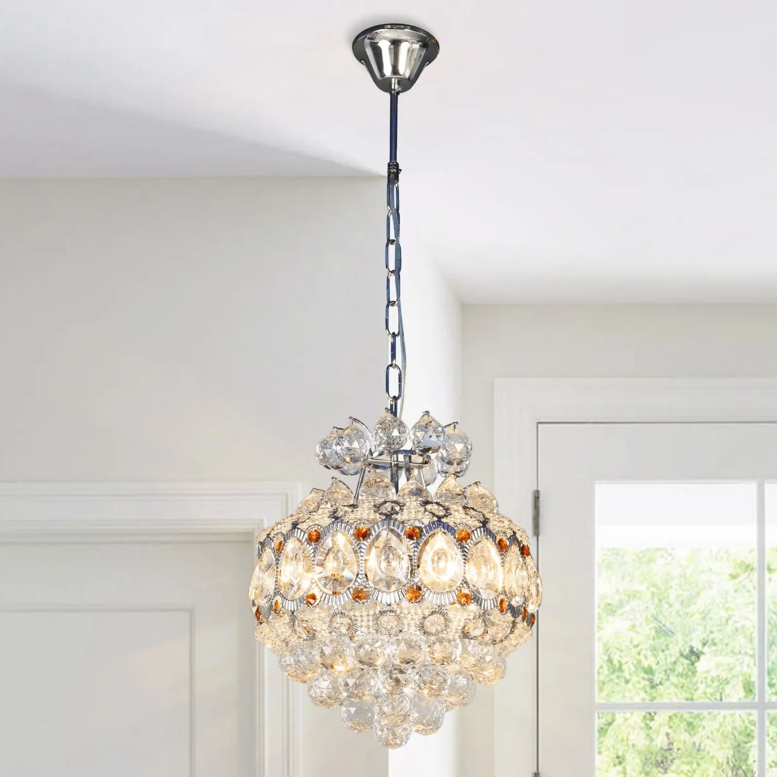 Mini Round Crystal Pendant Light, Chrome Metal Frame 3-Light E14 Small Chandelier with Adjustable Hanging Chain, Luxury K9 Crystal Hanging Lamp for Entryway Hallway Foyer Closet Balcony