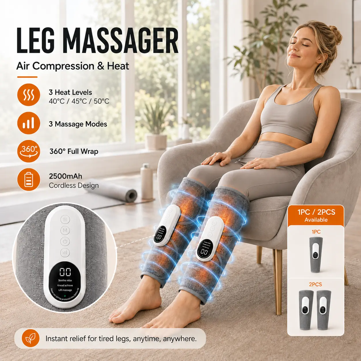 AERLANG Leg Massager for Circulation and Pain Relief, Calf Air Compression Massager with Heat, Leg Massager with 3 Intensities, 3 Modes, Easy to use, Muscle Relaxation, Gifts
