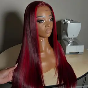 Highlights Red Colored Straight 200% Density 13X6 Lace Frontal Human Hair Wigs Burgundy and Red Highlight Balayage Transparent Lace Pre Plucked Natural Hairline For Woman Ombre Human Hair Wigs
