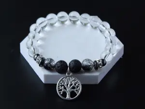 Black Stretchy Diffuser Bracelet with Silver Tree of Life Charm, Clear Glass Beads, Lava Stone Bead Bracelet, Gift for Her.