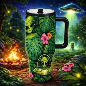1 Pc 40oz insulated mug, thermal mug, vacuum cup, Stainless steel tumbler, leak-proof skinny tumbler with handle, keeps hot 12h cold 24h, viral ufo theme cup, hot cold drinks, unique gift for women men, niche reusable drinkware