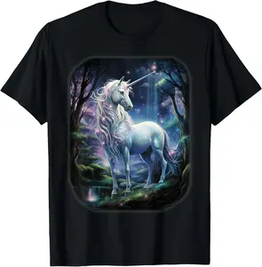 100% Cotton Fantasy white Unicorn standing in forest universe. T-Shirt