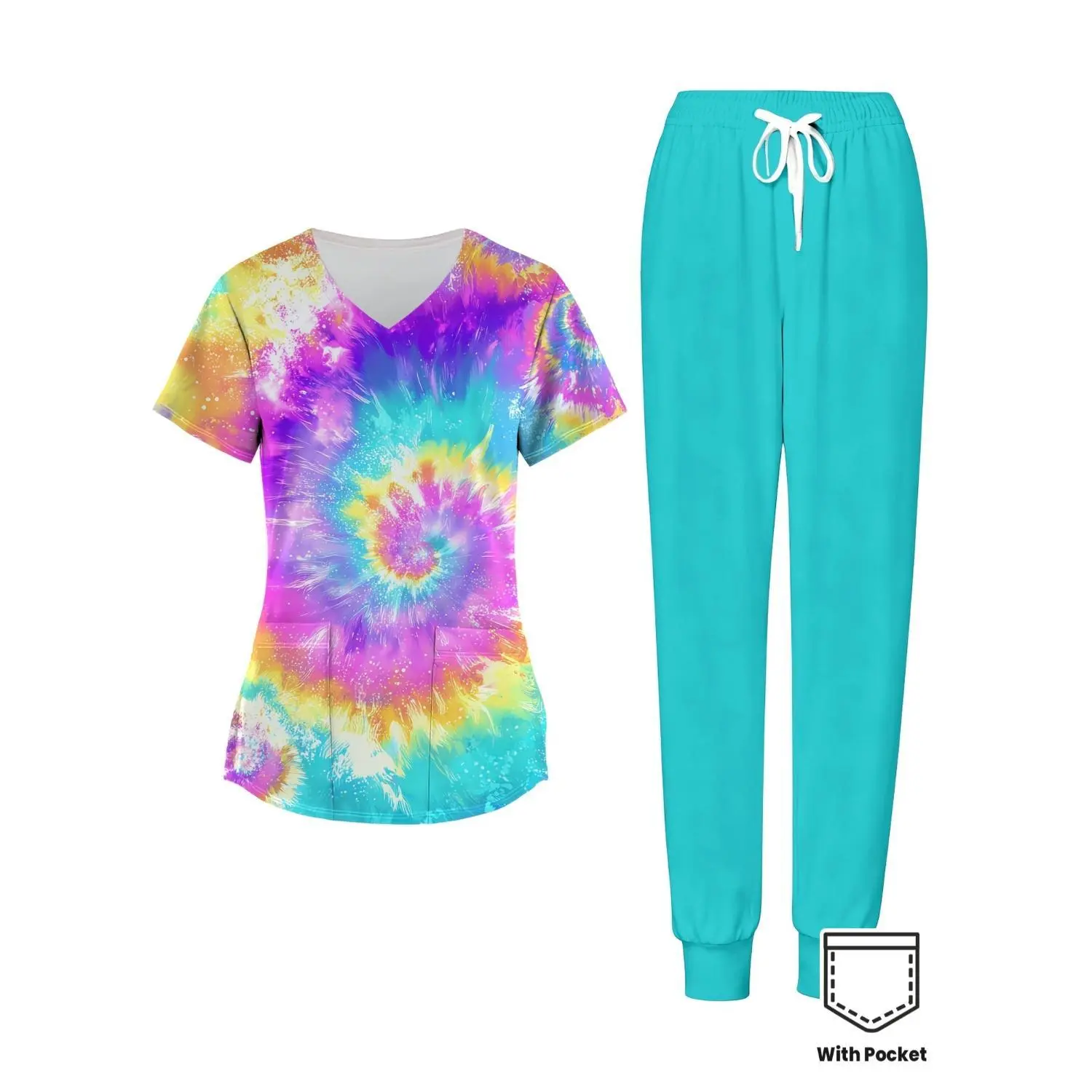 Women'S Nurse Scrubs Set Tie Dye V Neck Top And Teal Pants with Pockets Casual Uniform Spring Outfit Comfortable Breathable Workwear for Women