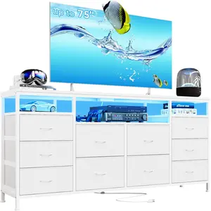 10-Drawer Dresser TV Stand for 65, 70, 75 Inch TVs, 63" W Long Fabric Entertainment Center, Chest of Drawers for Bedroom with LED Lights & Power Outlets,White
