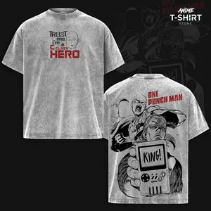 Saitama - One Punch Man Vintage Washed Oversized Anime T Shirt, Heavyweight Cotton Streetwear Graphic Tee, Acid Wash Retro Manga Line Art Double Sided Print, Loose Fit Japanese Anime Streetwear Shirt for Fans, Gift for Anime Fans