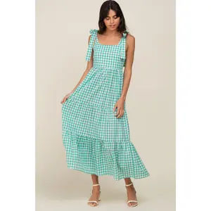 Green Checkered Sleeveless Tiered Maxi Dress