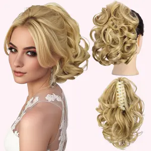 【Flash Sale】HMD Claw Clip in Ponytails Extension for Women 9 Inch Curly Short Pony Tails Hair Extensions Classic Loose Wavy Hair Pieces Synthetic Hairpiece Natural Fluffy Synthetic
