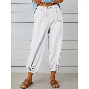 Digital Treasure Shop1 Wide-Leg Capri Pants, Loose Casual Drawstring-Waist Pants, Women’s Minimalist Bottoms