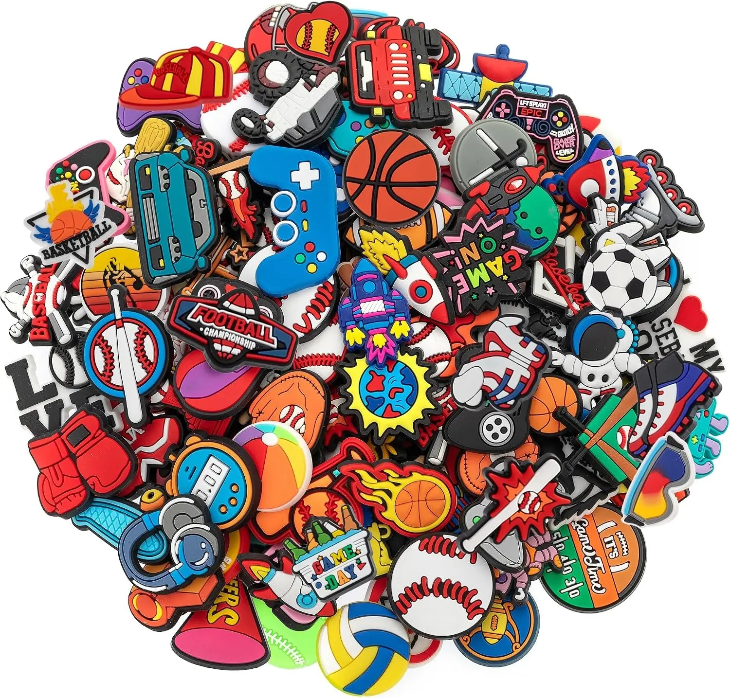 50 Pcs Random Shoe Charms for Boys & Teens – Sports, Game & Astronaut Pins for Clogs, Wristbands & Party Favors