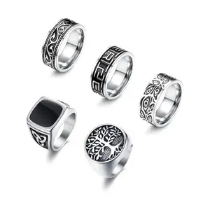 Men’s stainless steel ring set featuring a silver Greek signet thumb ring and a retro engraved Celtic bicycle band—casual, all-season, stackable, adjustable