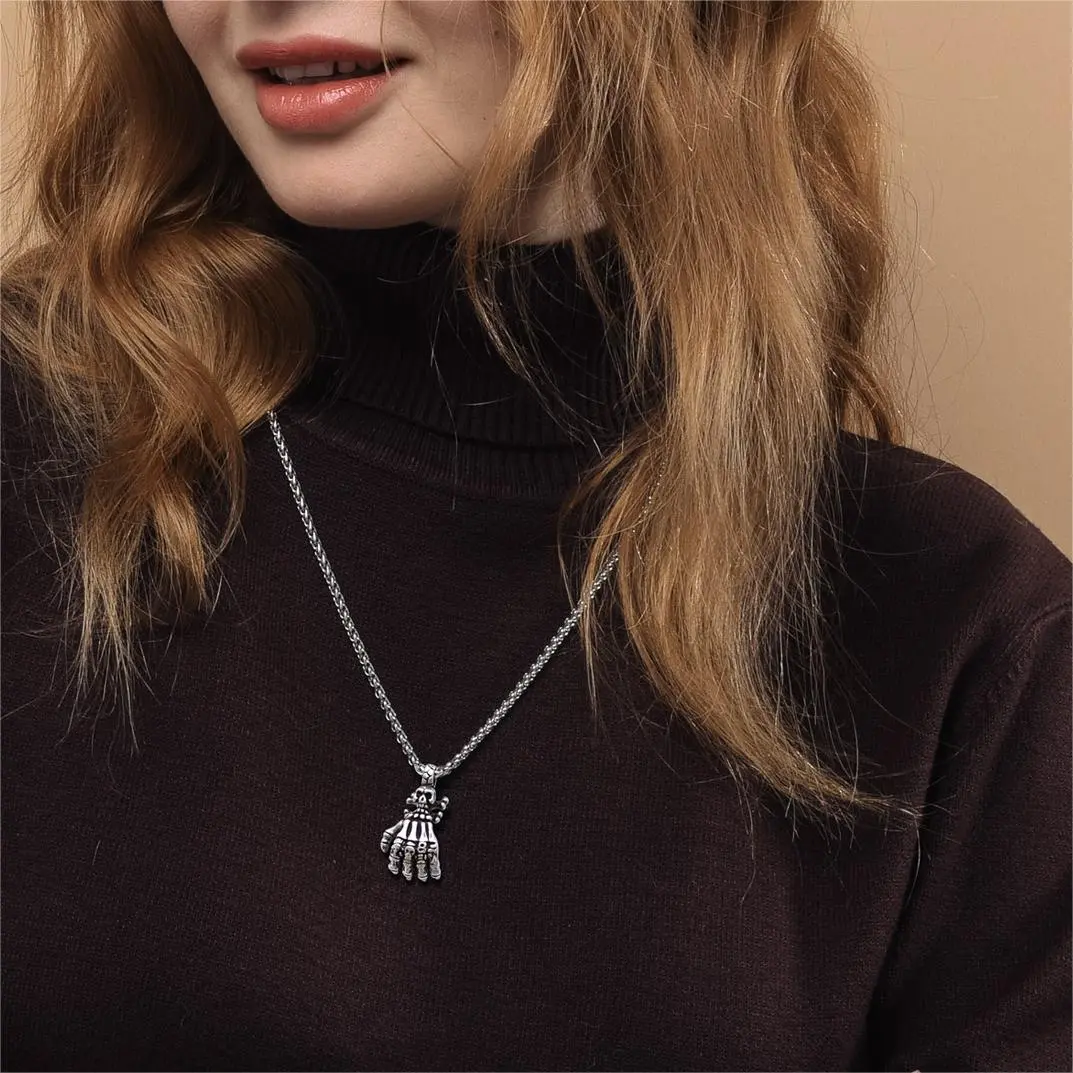 FaithHeart Gothic Skeleton Hand Pendant Necklace - Unisex Stainless Steel Artificial Gemstone Jewelry, Durable Fashion Accessory