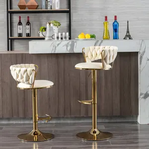 Set of 2  Bar Stools,with Chrome Footrest and Base Swivel Height Adjustable Mechanical Lifting Velvet + Golden Leg Simple Bar Stool