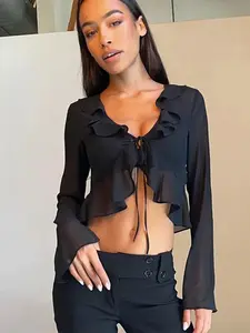 Ruffled Lace-Up Deep V-Neck Blouse