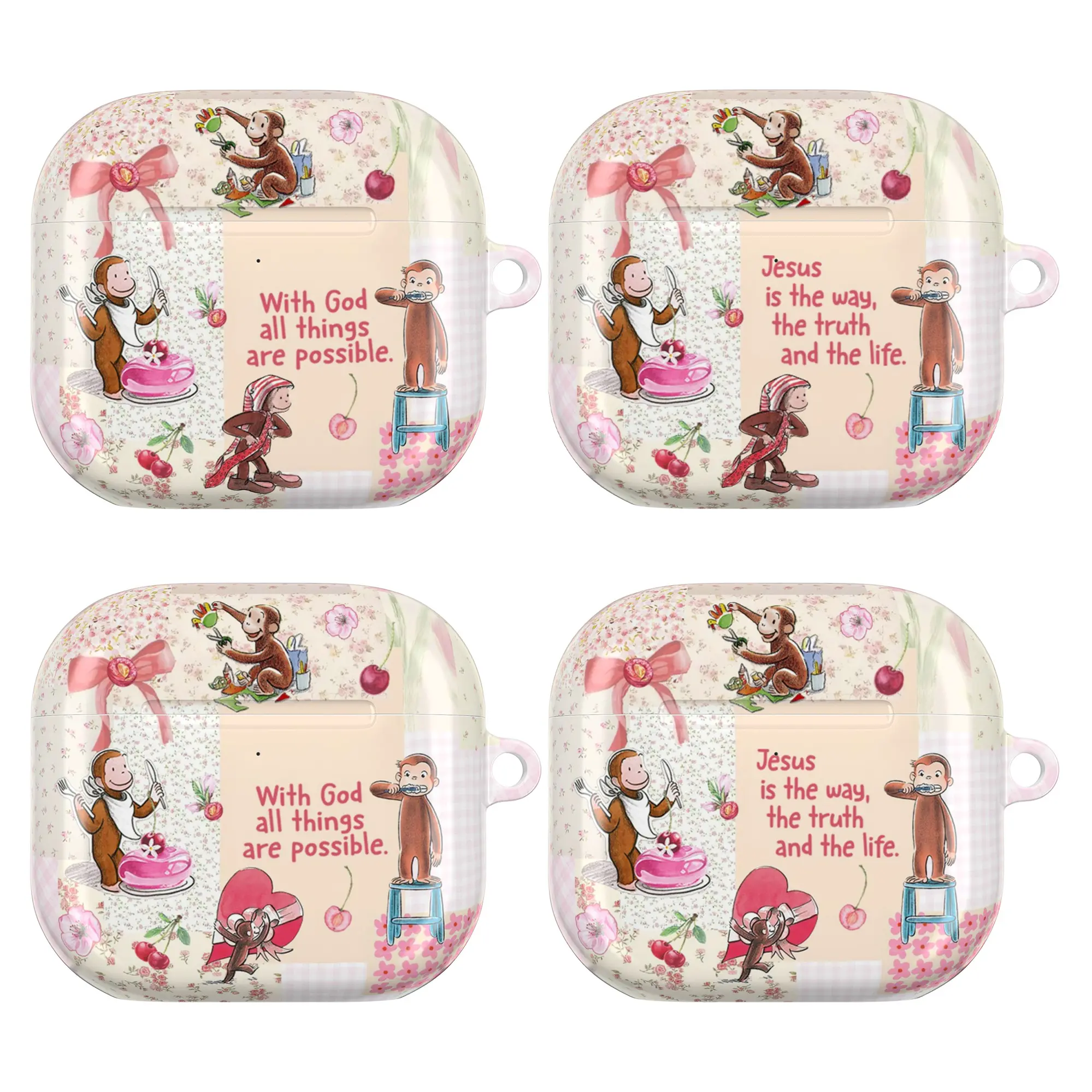 Curious George Christian AirPods Case – Cute Kawaii Monkey & Coquette Bow Cover with With God All Things Are Possible & Jesus Quote for AirPods 1 2 3 4 Pro 1 Pro 2 Pro 3 | Aesthetic Faith Christian Girl Gift for Her