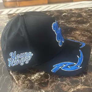 Young Kings BZ X MT Hats - Black with Blue Embroidered Logo and Flames Design for Stylish Wear