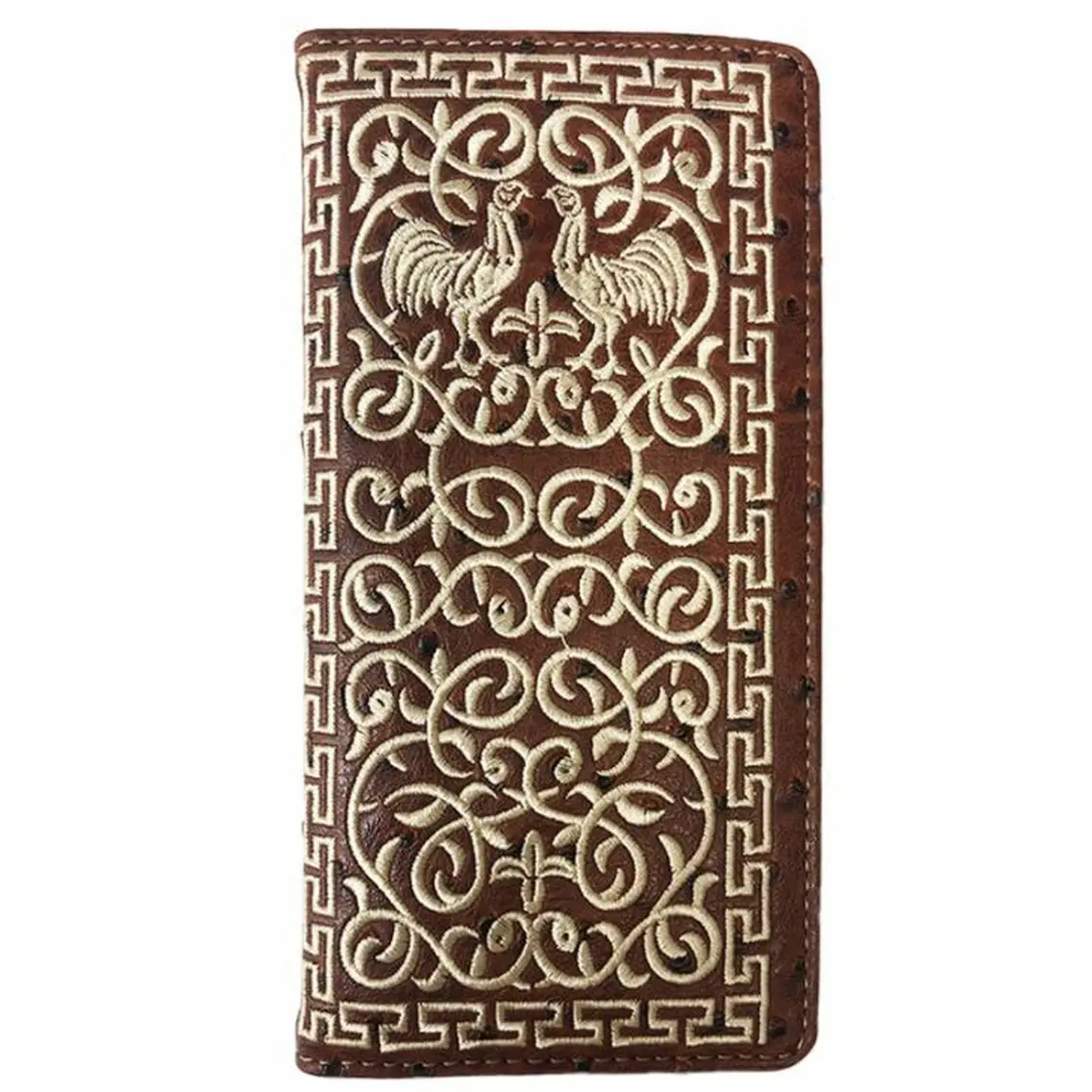 Western Men's Bifold Wallet with Checkbook Chic Ostrich Brown Design
