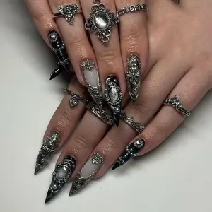 Gothic Baroque Metal Press On Nails | Black & Silver Luxury Nail Art | 3D Gothic Cross Stiletto Nails | Statement Nail Design Nail Art Kit Nail Box