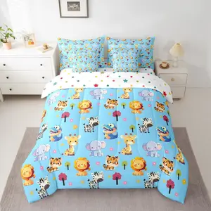 Kids Comforter Set with Sheets 7 Piece Cartoon Animal Print for Girls Boys Bedding Set Blue Giraffe Elephant Tiger Lion Zebra Print Bed in a Bag Room Decor Lightweight Microfiber