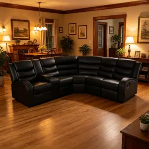 Aesthetic Black Semi PU Breathable Leather Living Room Recliner Sofa Set, full 3-piece matching set, smooth premium leather craft, ergonomic intelligent reclining structure, all-season cozy sitting experience, stylish indoor home furnishing