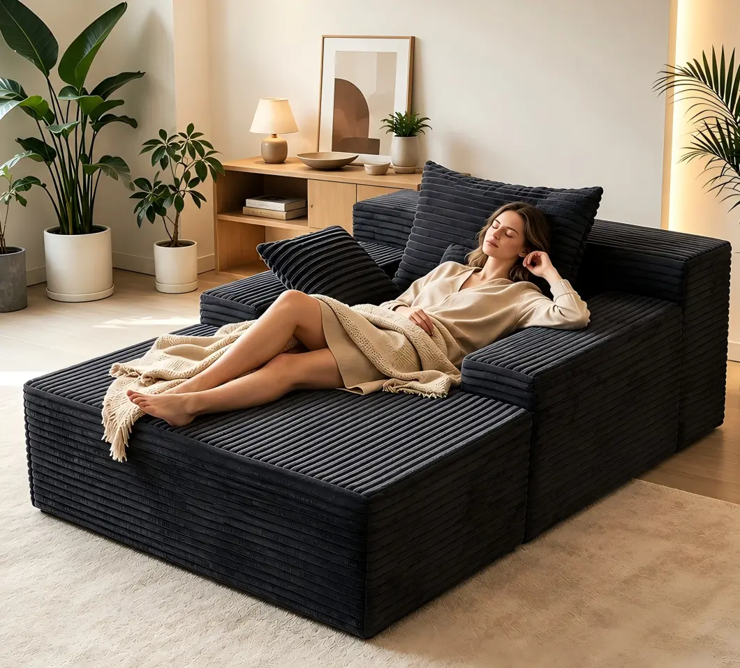 Orienflex 67" Comfy Corduroy Convertible Indoor Lounger Sofa - Non-Assembly Deep Sponge Seat Plush Modular Cloud Couch, Rivet Design, Leather Storage, 3 Pillows, 2.5-Person Cozy Reclining Sofa for Living Room Bedroom, Family Use