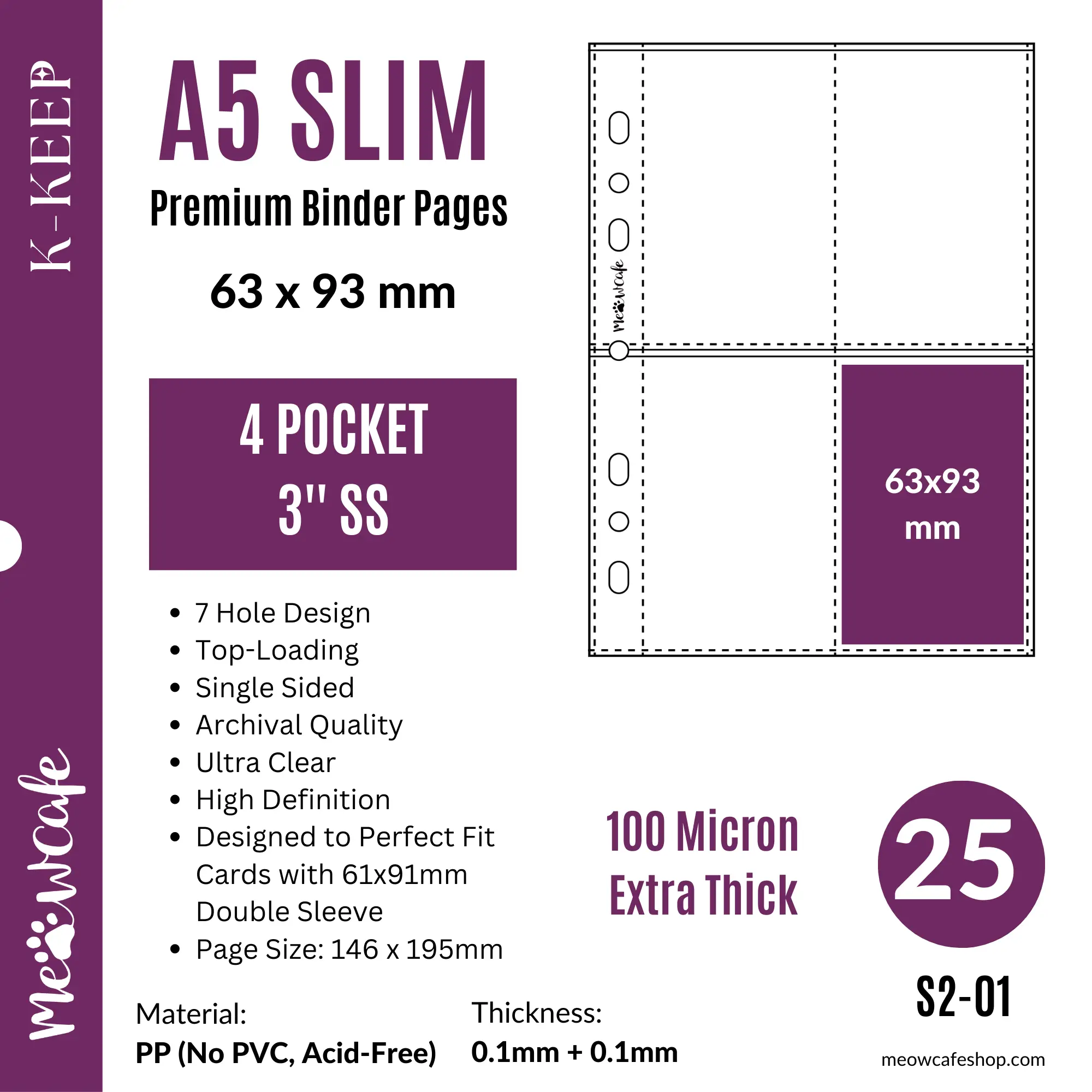 K-KEEP [A5 Slim] 4 Pocket - 63x93mm Single-Sided 7 Holes Premium Binder Pages, Double Sleeve Perfect Fit, 100 Micron Thick, High Definition (Pack of 2