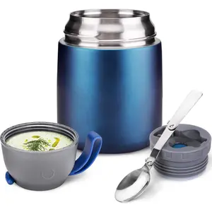 Soup Thermo for Hot & Cold  for Adults , 17 oz Vacuum Insulated Steel Lunch Container Bento Box with Spoon, Leakproof Thermal  Jar for School Office Travel - Dark Blue