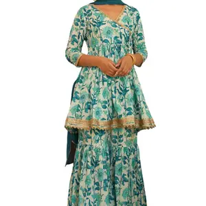 White Cotton Floral Printed Short Kurta with Sharara and Dupatta
