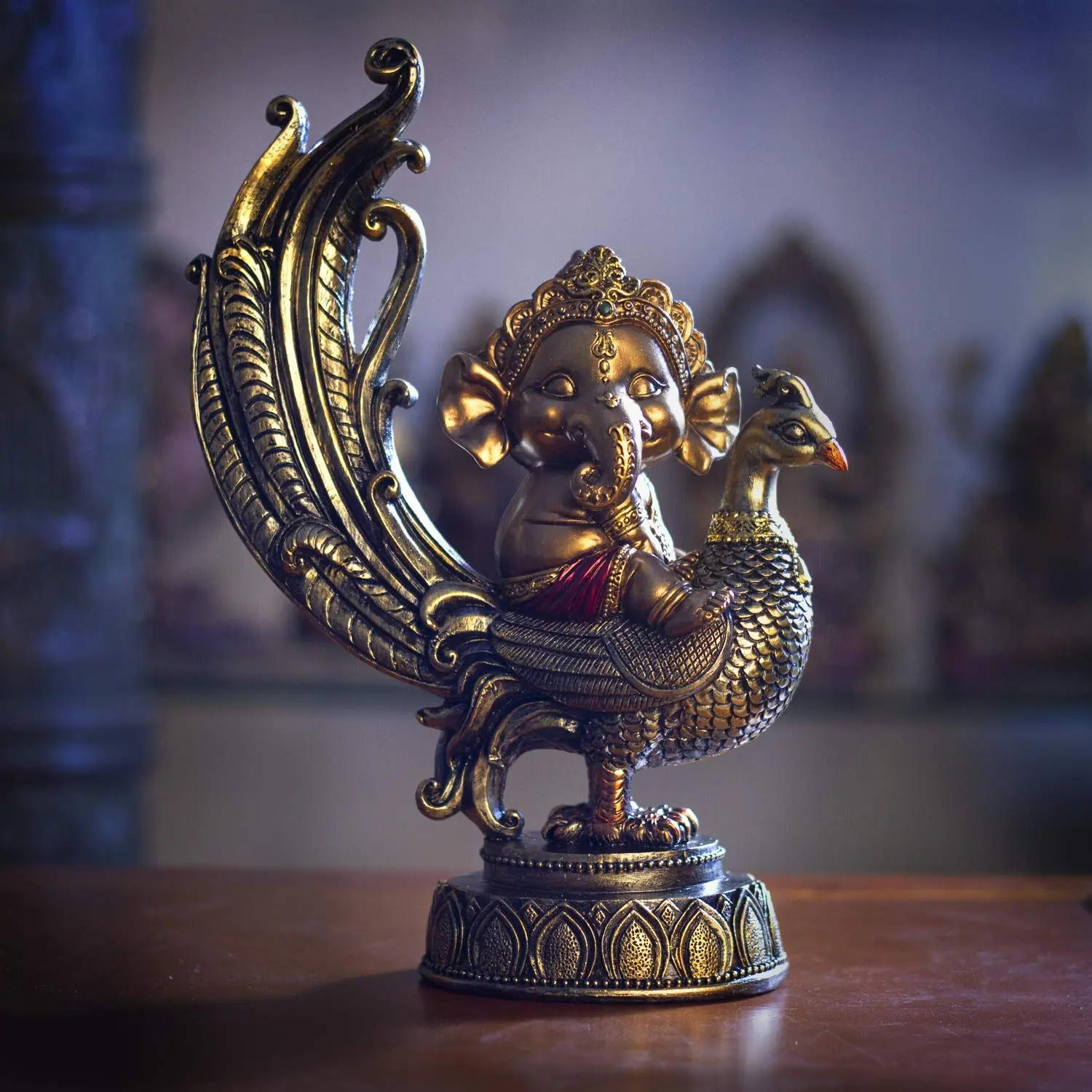 Individually Crafted Hindu Deity Lord Ganesha Composite Resin Figurine with Elephant Motif on Peacock, 3x7x9.5in Home Decor Room Accent Statue