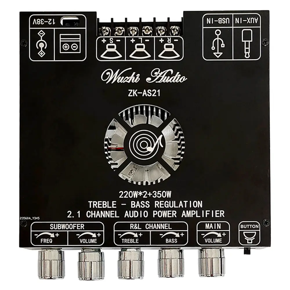 WUZHI AUDIO ZK-AS21 TPA3255 Bluetooth 5.1 Digital Amplifier Board, 2.1 Channel 220Wx2+350W, with USB, Card, Mechanical High-Low Frequency Control, Subwoofer, Protection for DIY Speakers
