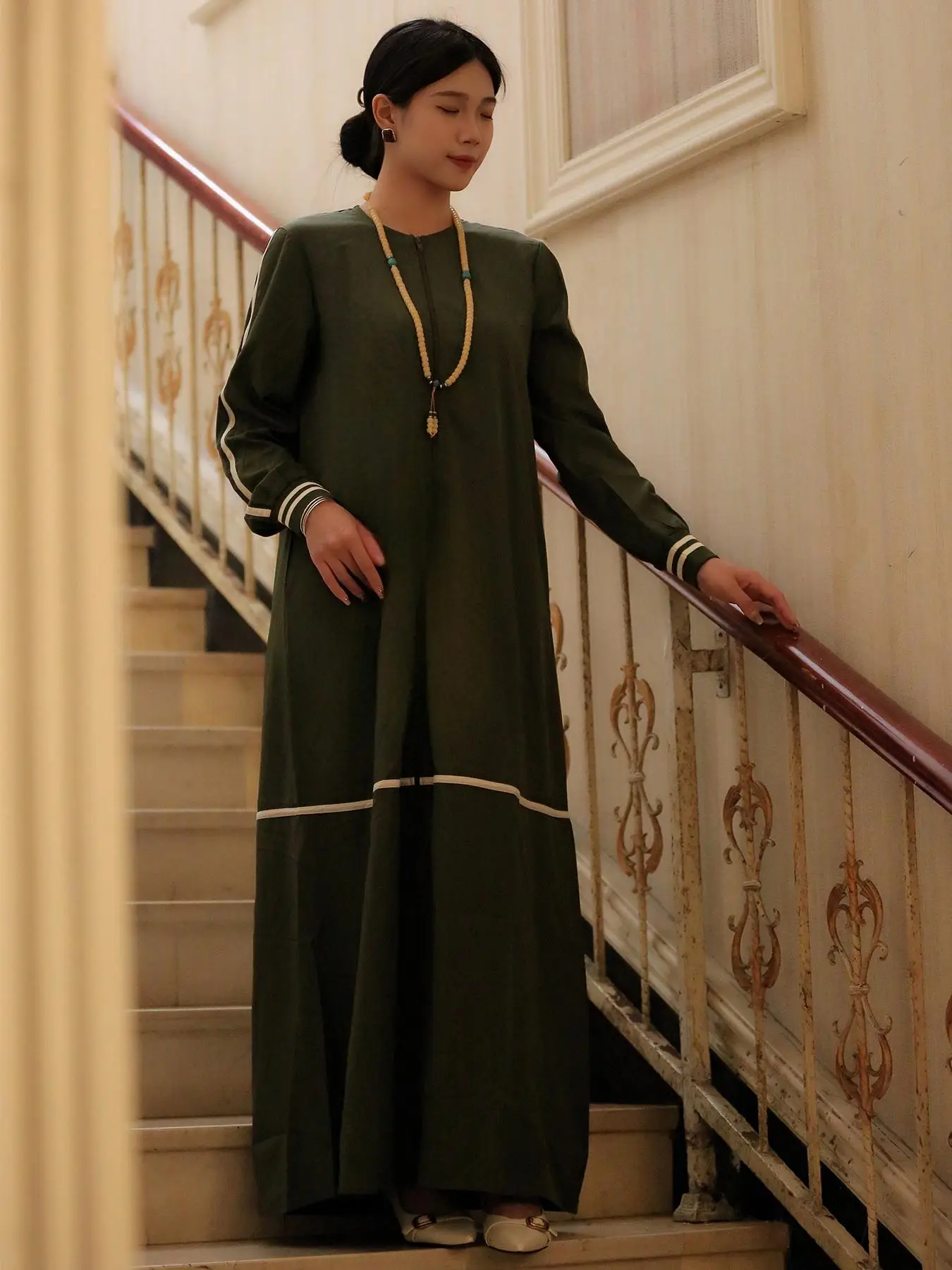 Women's Contrast Binding Long Sleeve Tunic Dress, Elegant Round Neck Long Dress for Party Wedding Guest, Ladies Islamic Clothing for All Seasons