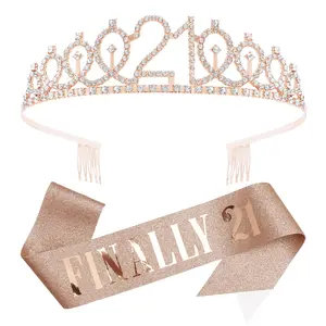 21st Birthday Crowns and Sash for Women, Birthday Sash Princess Tiara Headband Rose Gold Crown with Combs Crystal Tiaras Headpieces for Party Hair Accessories Gifts